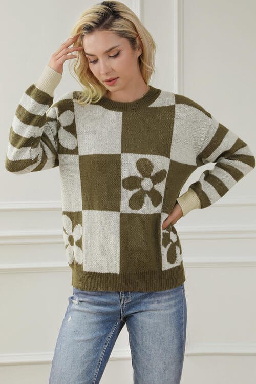 LoversLane Contrast Round Neck Long Sleeve Sweater