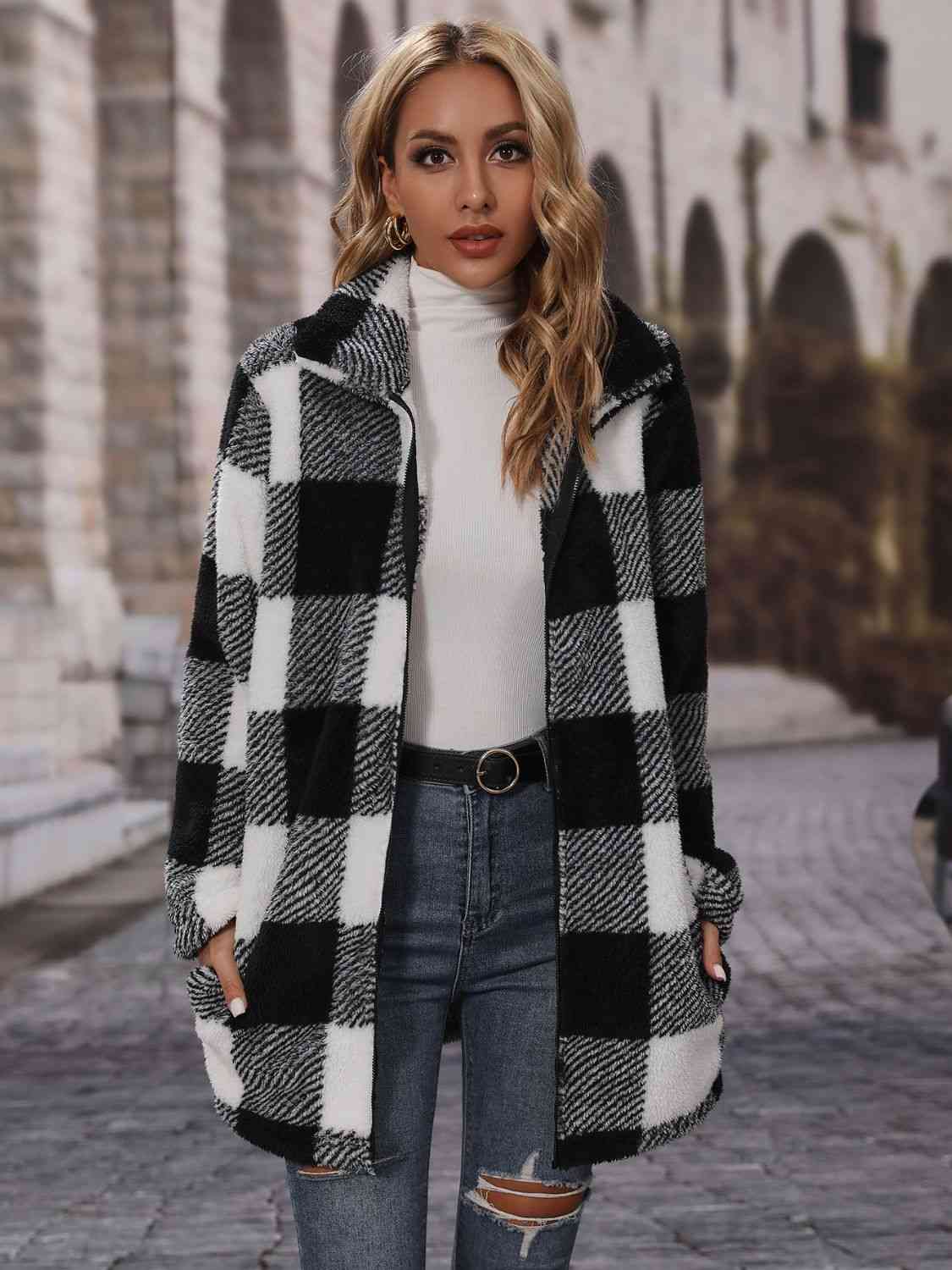 NotSoBasic Plaid Collared Neck Black Coat with Pockets