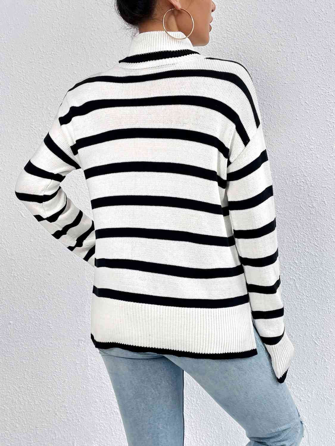 KnittedEmporium Full Size Striped Turtleneck Drop Shoulder Sweater