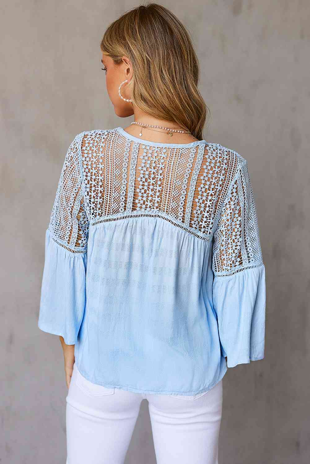 FULL SIZE Flare Sleeve Spliced Lace V-Neck Shirt