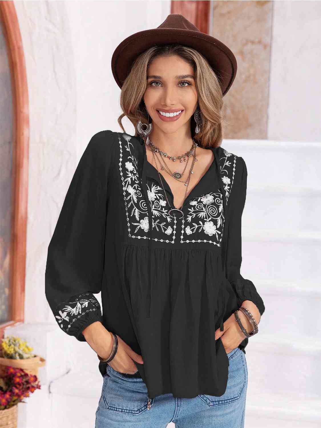 Aurora Lea Floral Tie Neck Balloon Sleeve Blouse