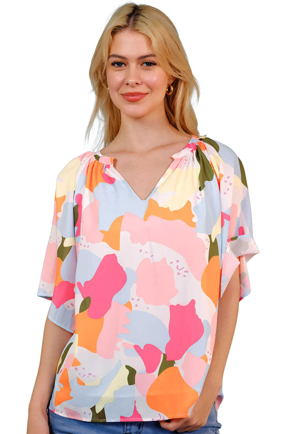 Women's Printed Notched Neck Half Sleeve Blouse