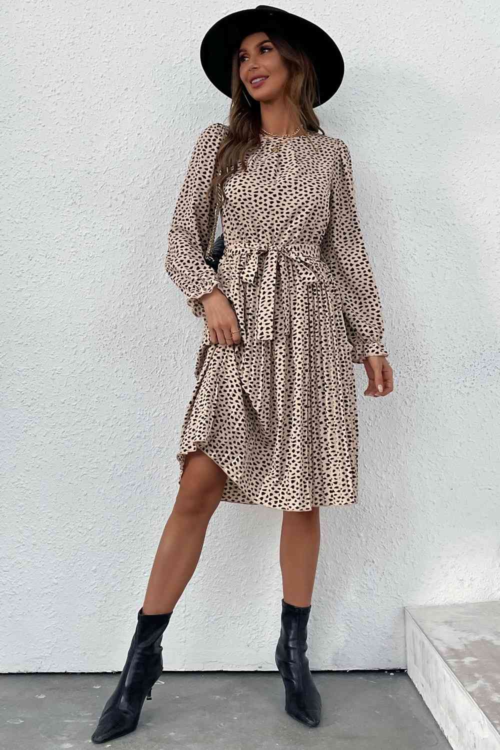 Beige Printed Round Neck Belted Pleated Dress