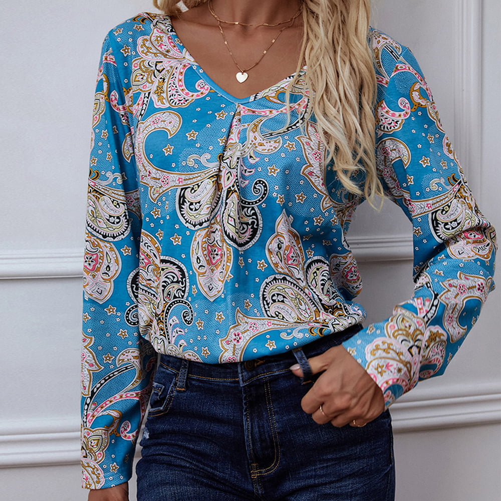 Full Size Printed V-Neck Long Sleeve Blouse