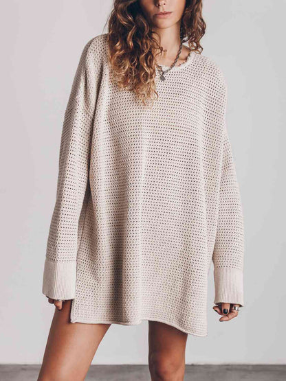 LoversLane Openwork Round Neck Long Sleeve Slit Sweater