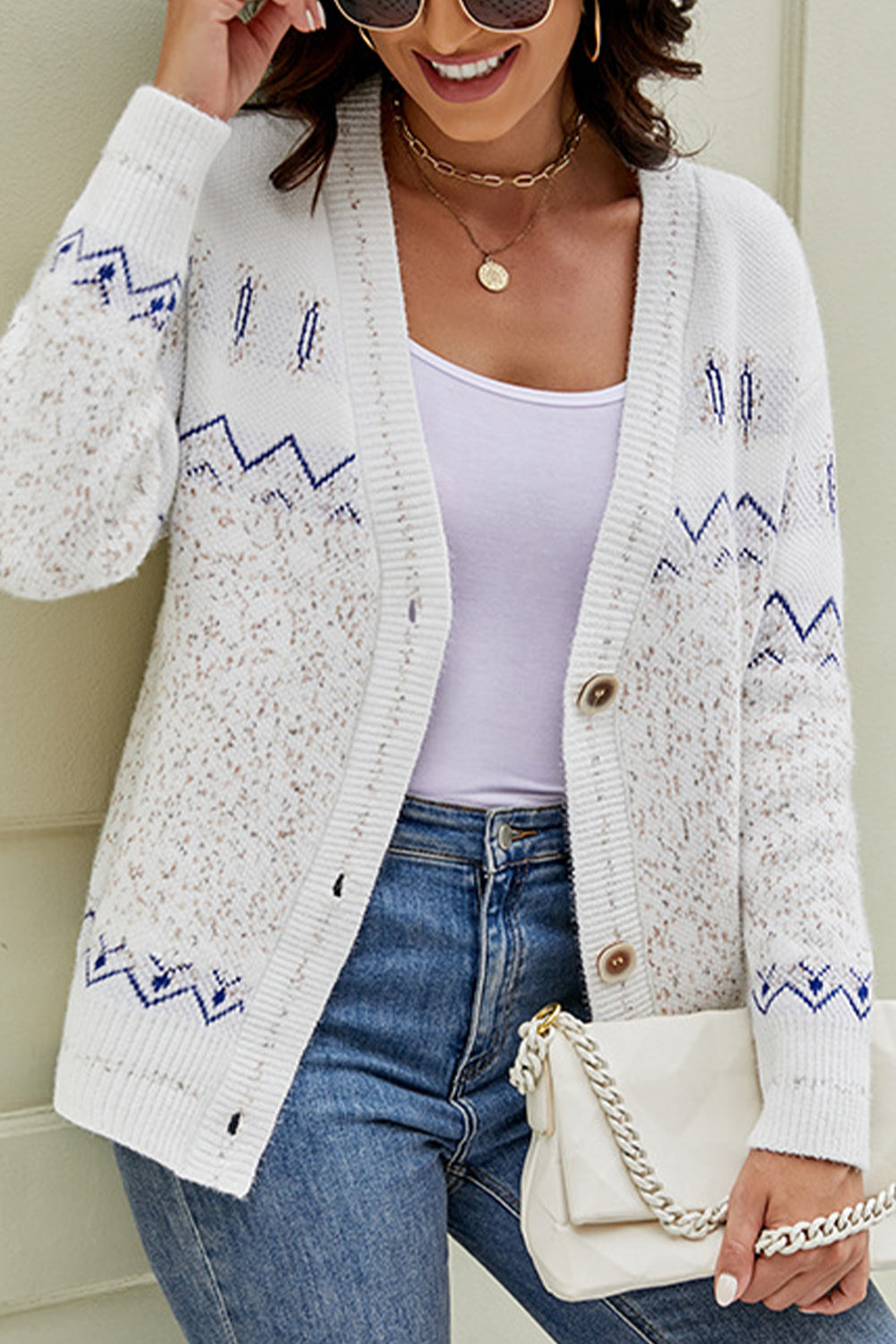 SavannahTree Printed V-Neck Buttoned Cardigan