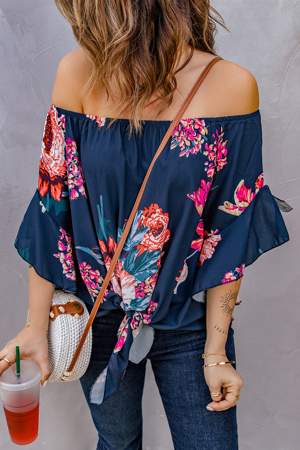 Full Size Printed Off-Shoulder Flounce Sleeve Top