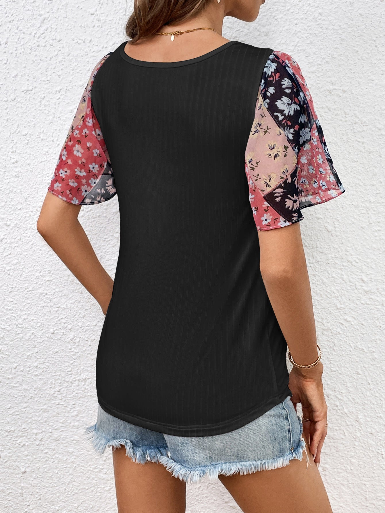 Full Size Printed Puff Sleeve Round Neck Tee