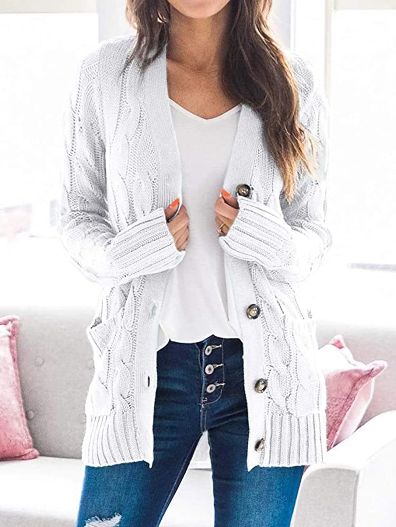 SavannahTree Cable-Knit Buttoned Cardigan with Pockets