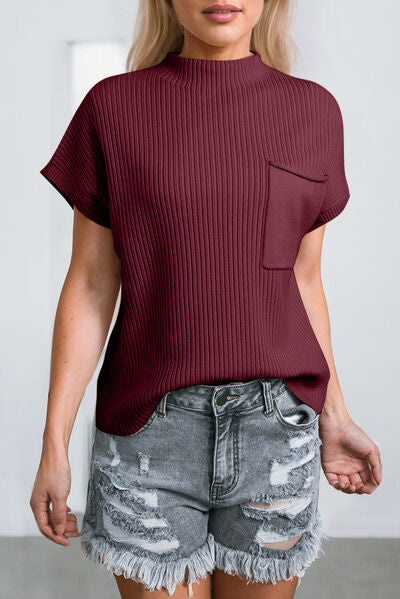 Ribbed Mock Neck Short Sleeve Knit Top