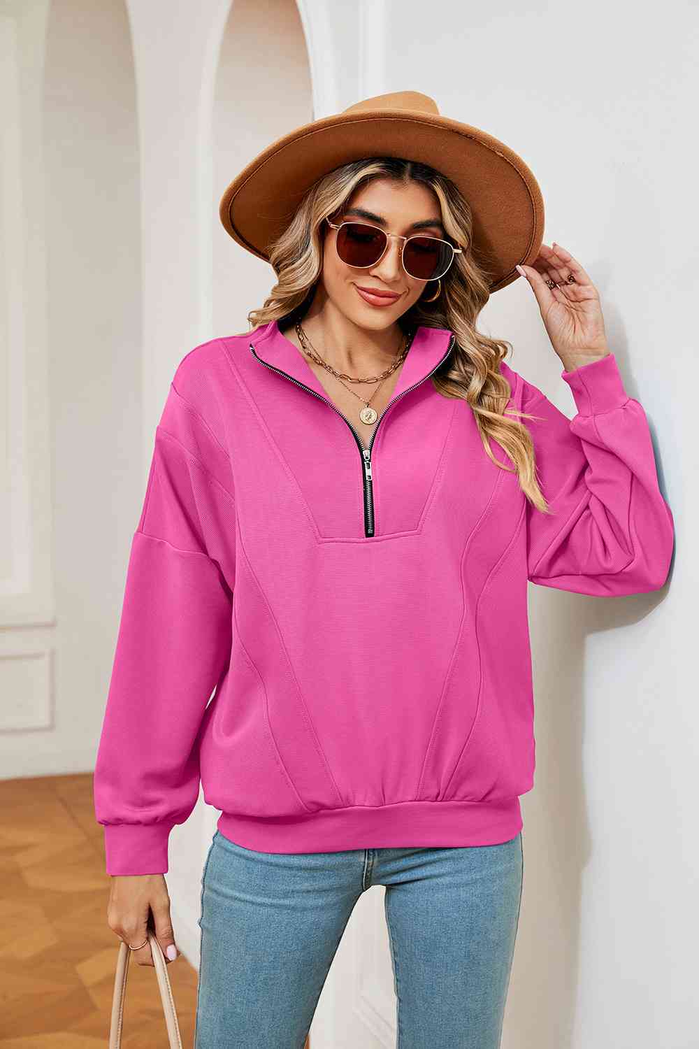 Full Size Half-Zip Dropped Shoulder Sweatshirt