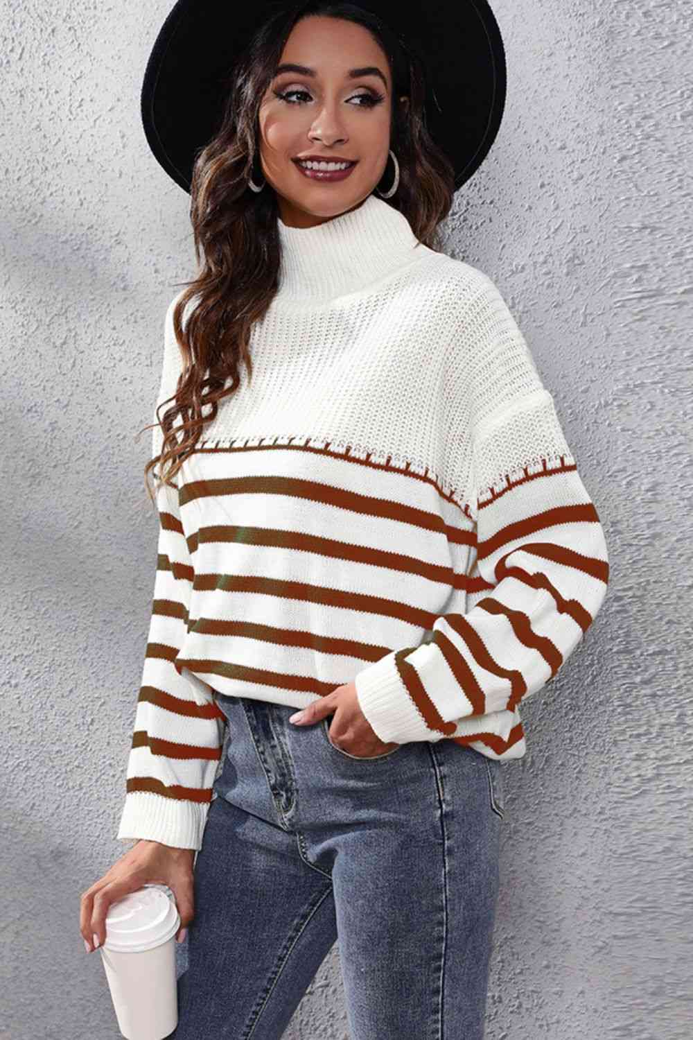 KnittedEmporium Striped Turtleneck Drop Shoulder Sweater