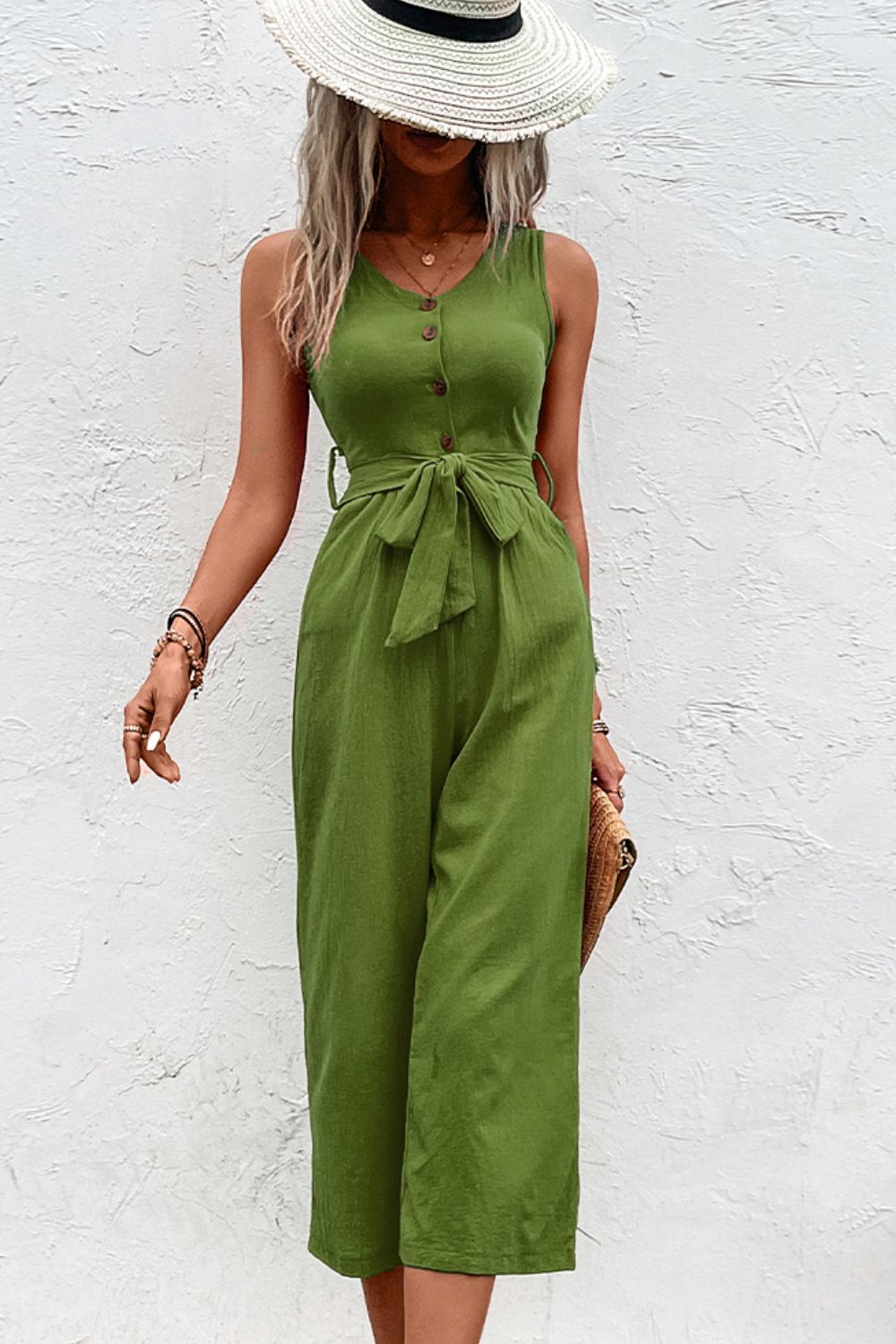 Full Size Tie Belt Sleeveless Jumpsuit with Pockets