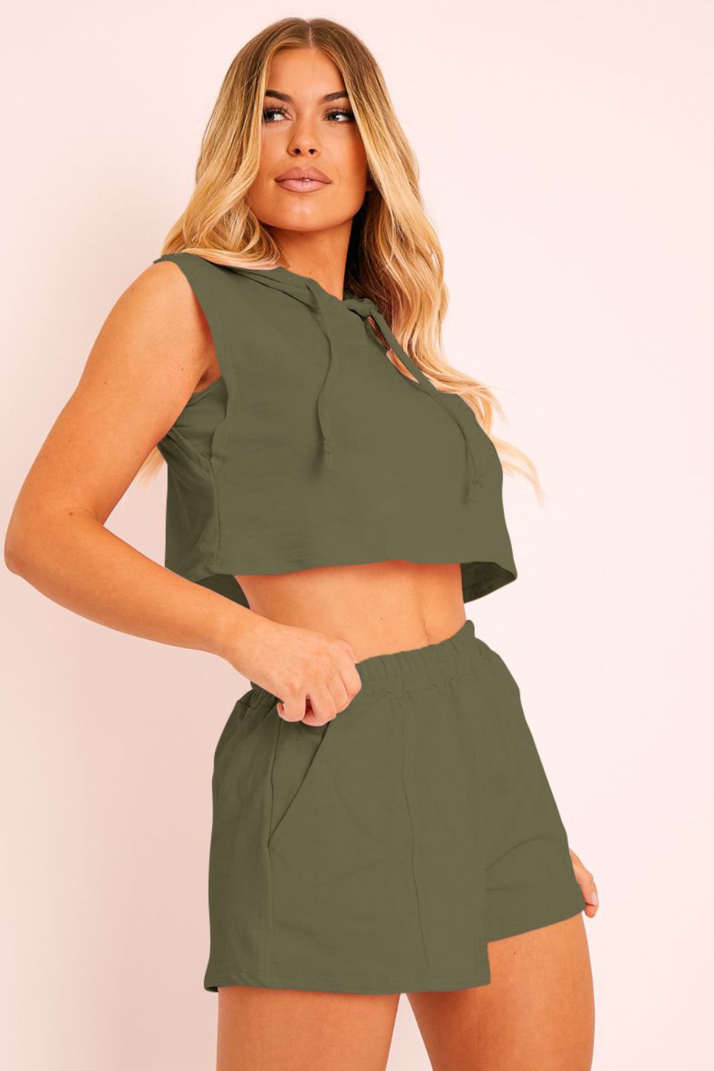 Women's Full Size Hooded Crop Top & Pocketed Shorts Set