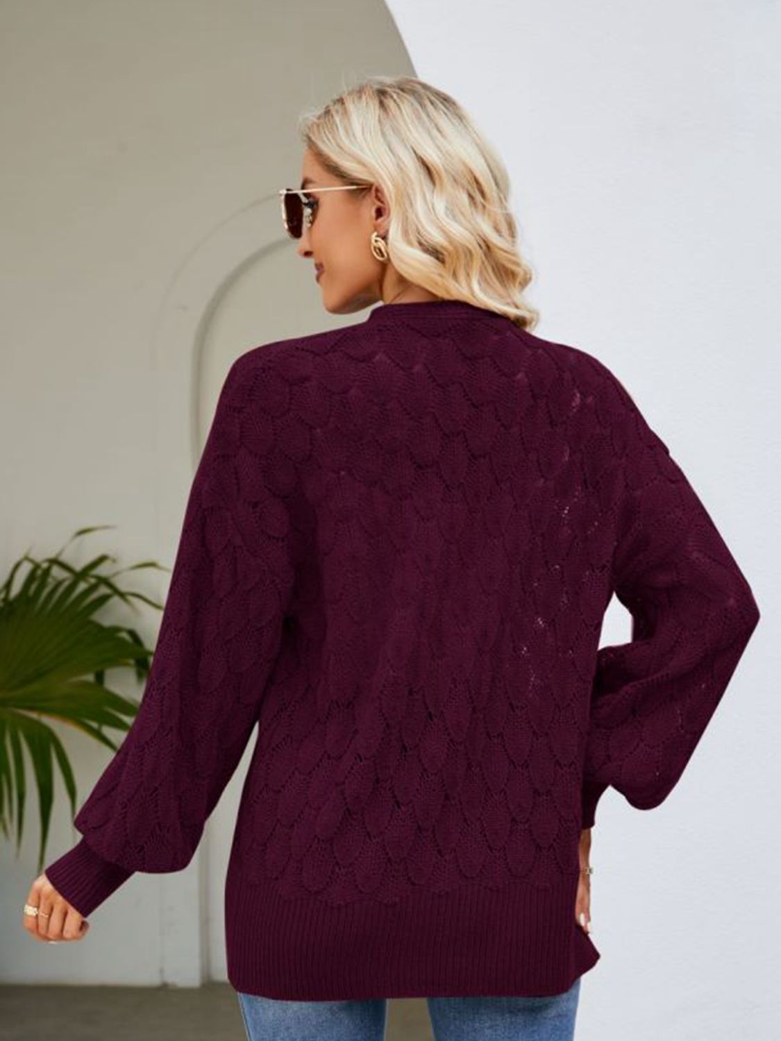 SkyMarie Open Front Ribbed Trim Cardigan