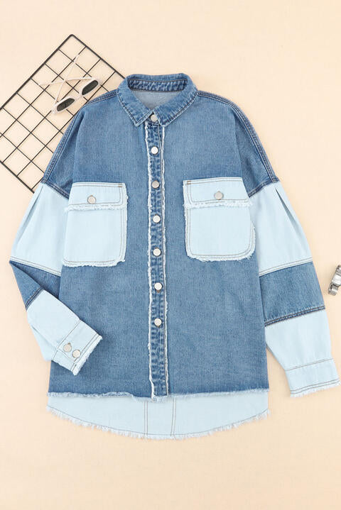 Misty Blue Raw Hem Button Up Denim Jacket with Breast Pockets