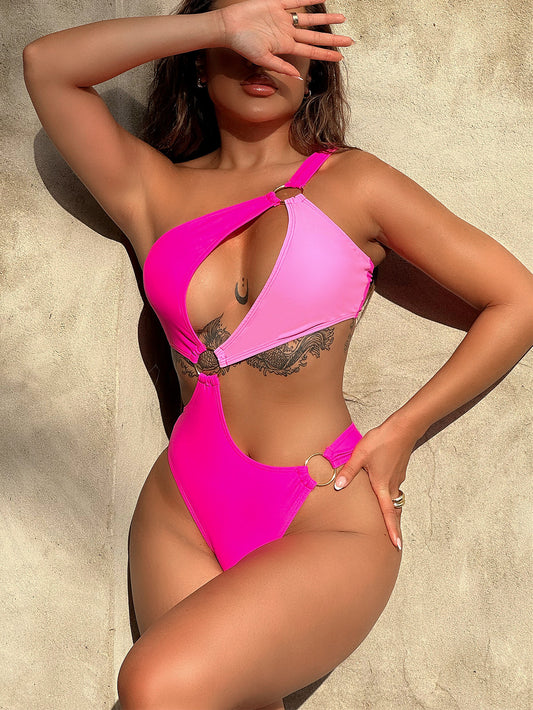 SOSASSY Hot Pink One-Shoulder Cutout Ring Detail One-Piece Swimsuit