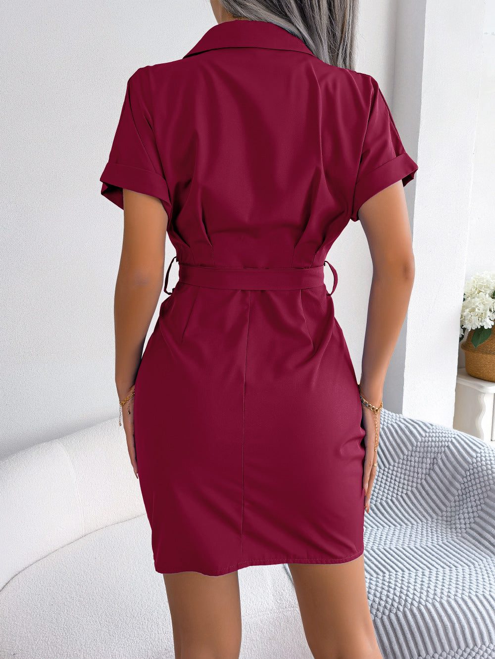 Athena Rea Button Down Ruched Tie Belt Dress