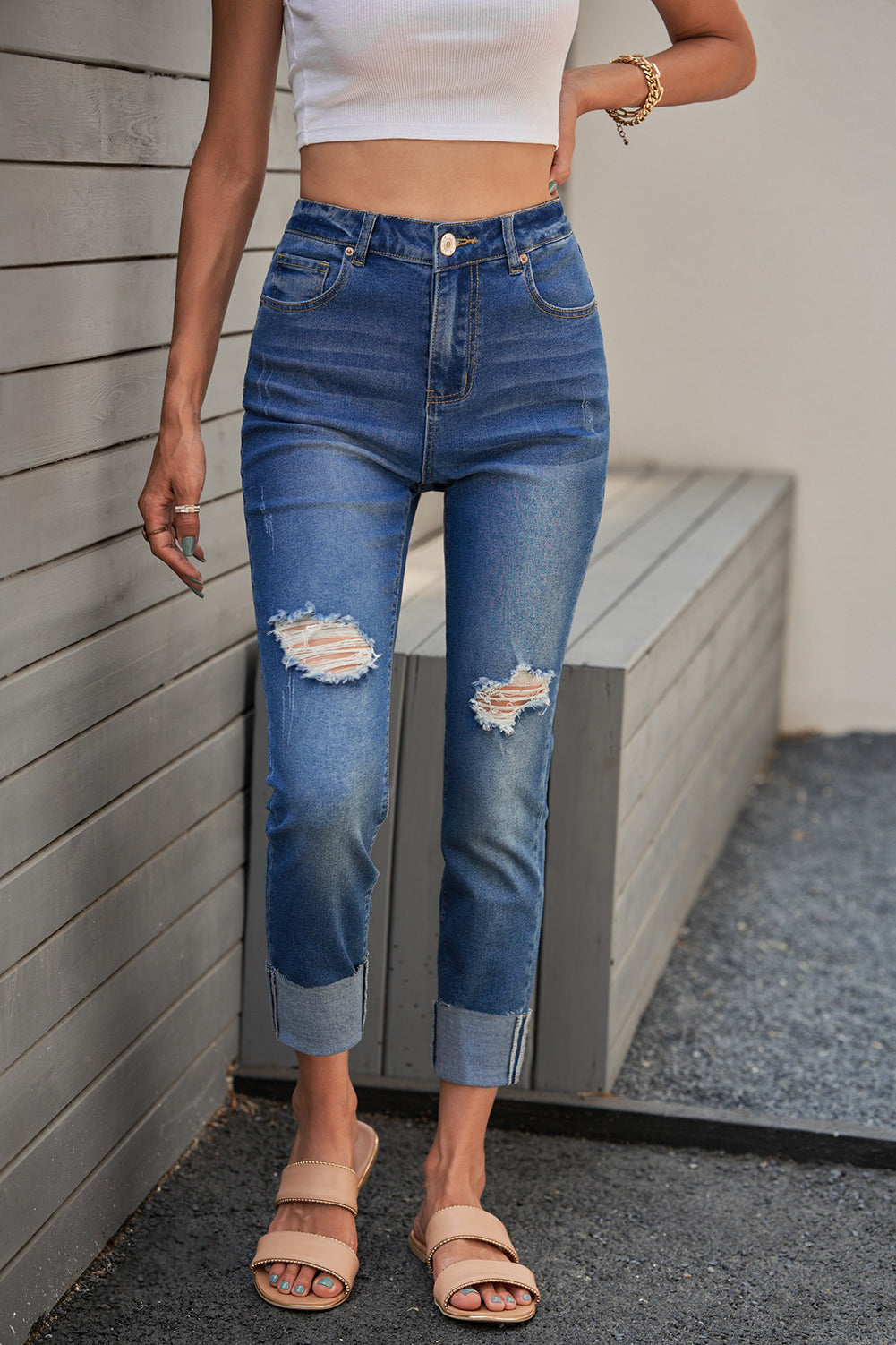 Women's Distressed Skinny Raw Hem Jeans