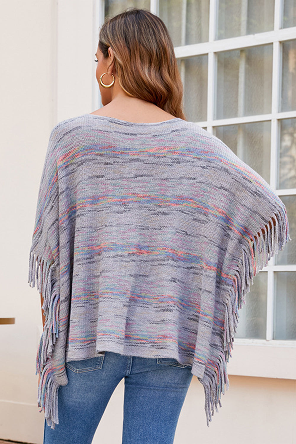 One Size Round Neck Fringe Detail Sleeve Poncho