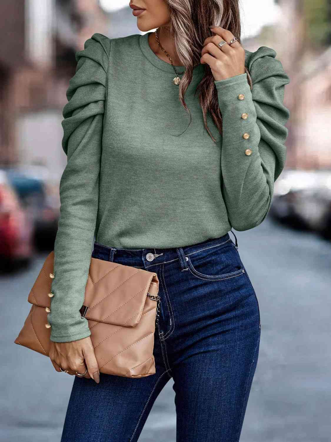 Full Size Decorative Button Puff Sleeve T-Shirt