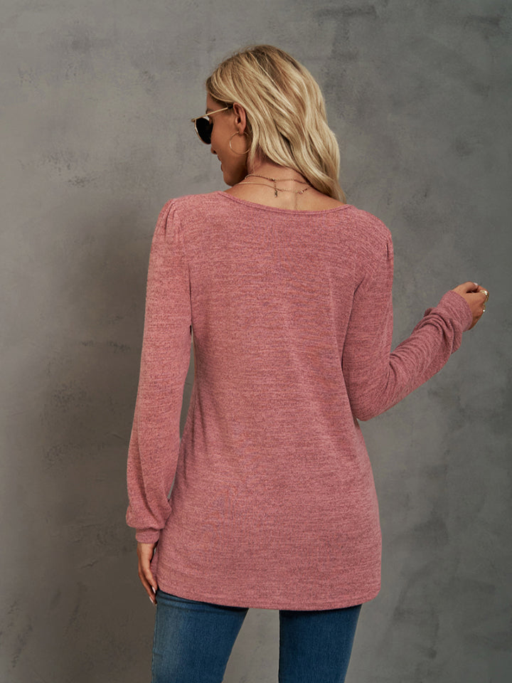 Full Size Heathered Square Neck Long Sleeve T-Shirt