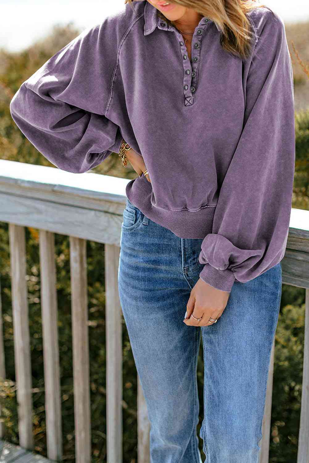 Full Size Quarter-Snap Collared Lantern Sleeve Sweatshirt