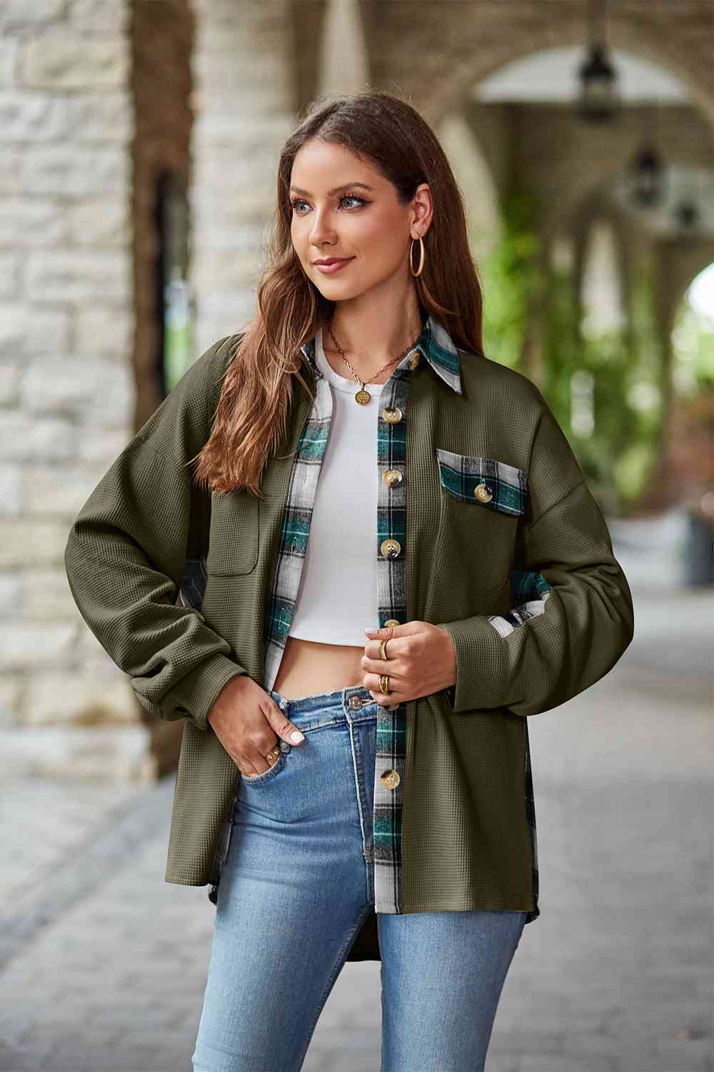 Full Size Plaid Collared Dropped Shoulder Jacket