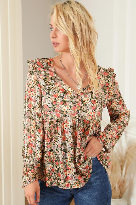 Floral V-Neck Babydoll Blouse