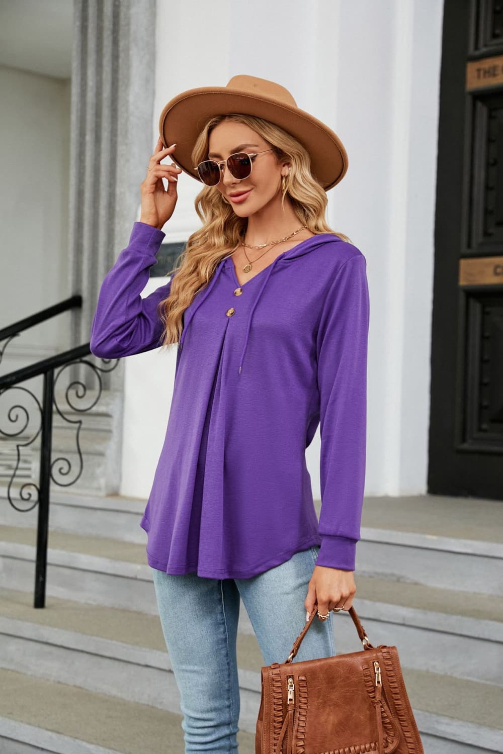 Full Size Long Sleeve Hooded Blouse