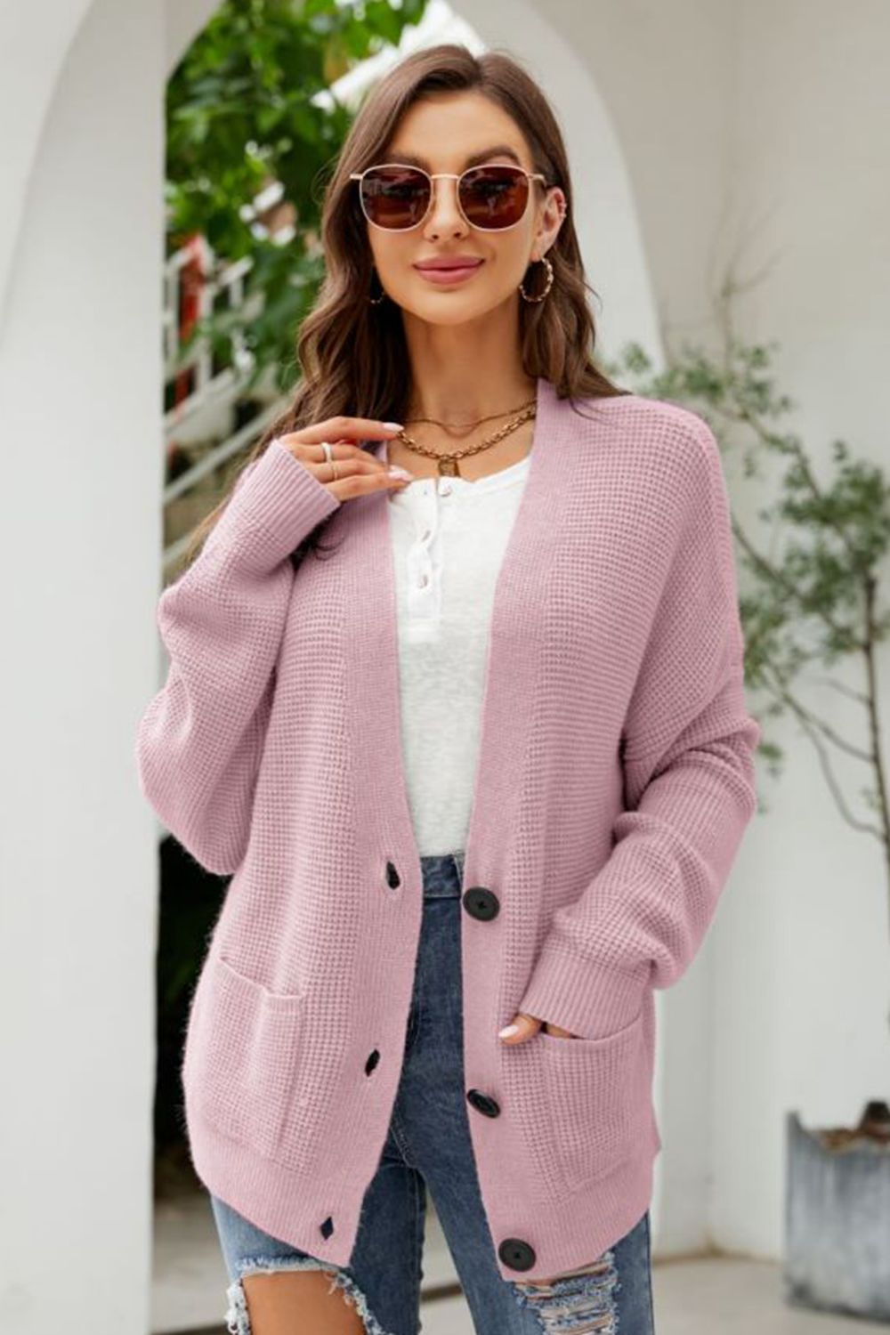 SkyMarie Waffle-Knit Dropped Shoulder Cardigan