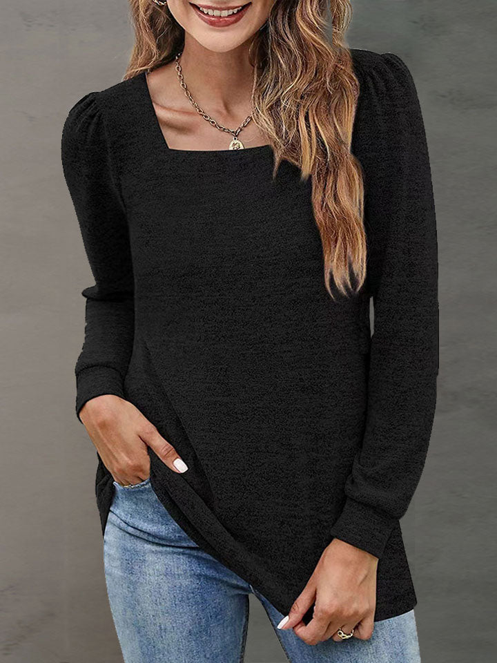 Full Size Heathered Square Neck Long Sleeve T-Shirt