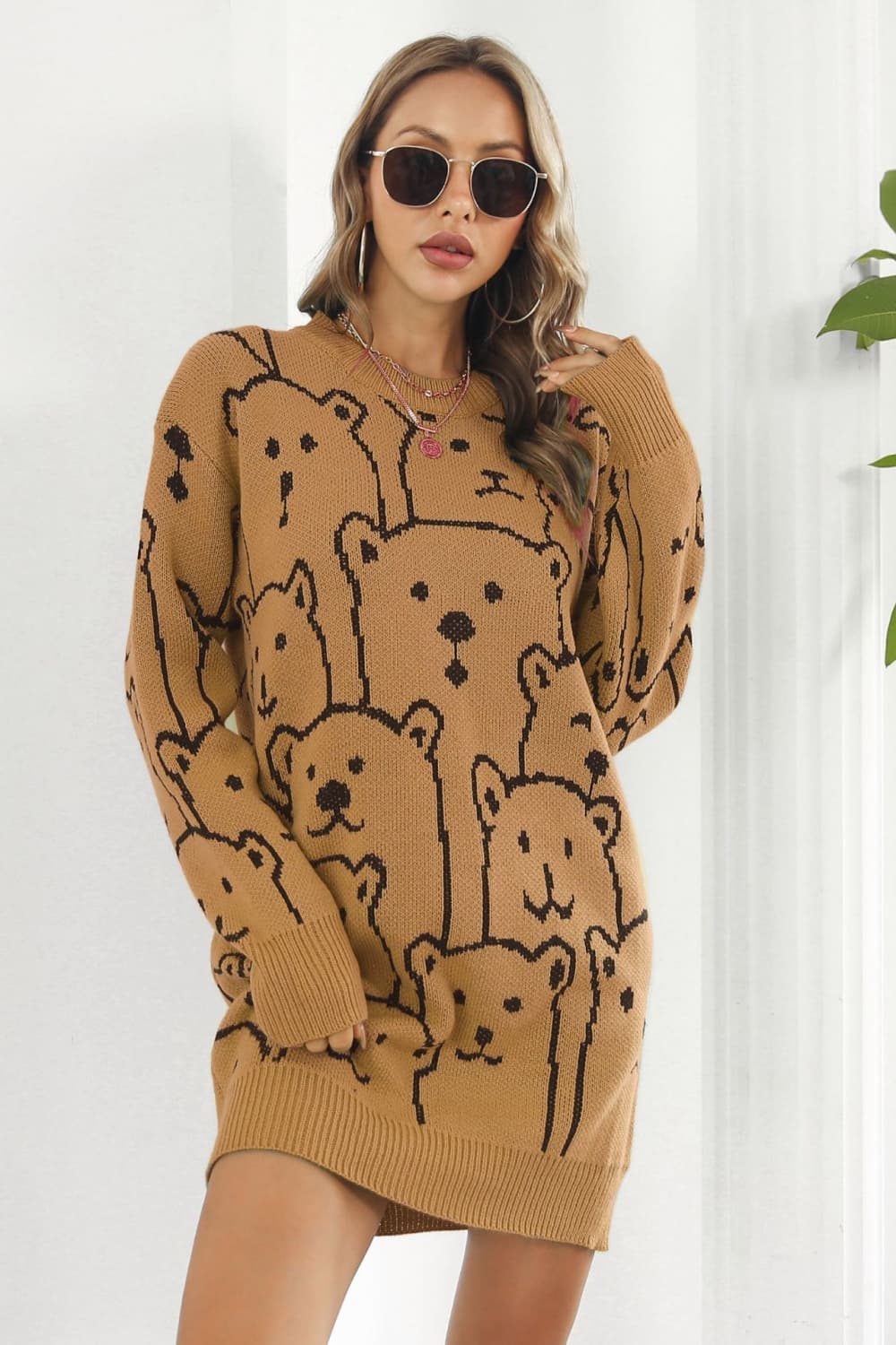 Athena Rea Bear Pattern Round Neck Sweater Dress