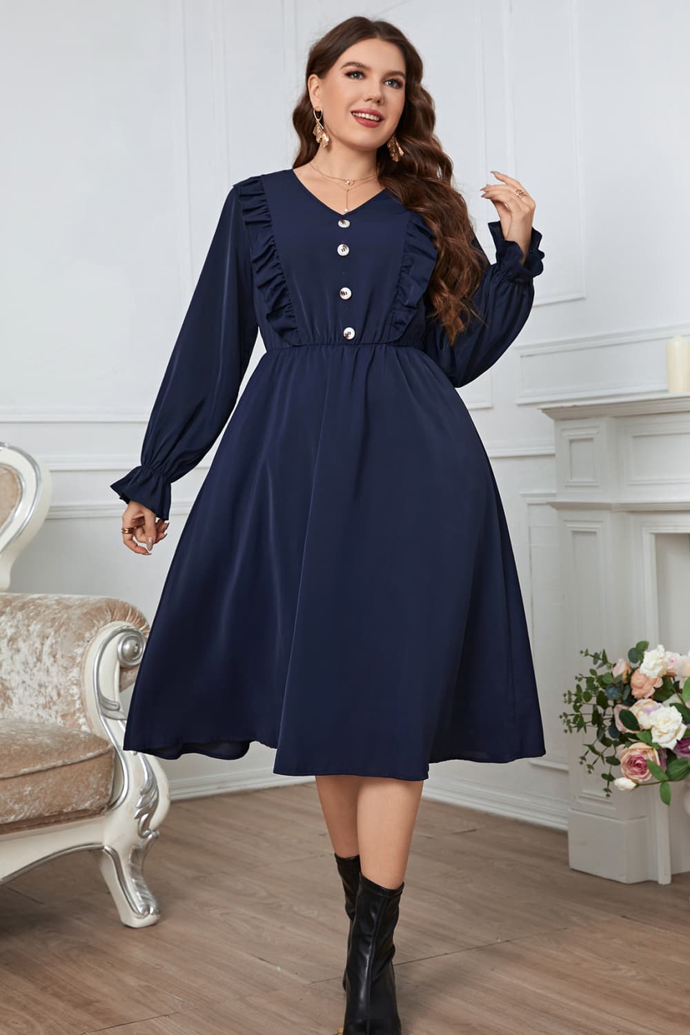 KeenLinear Plus Size V-Neck Buttoned Flounce Sleeve Dress