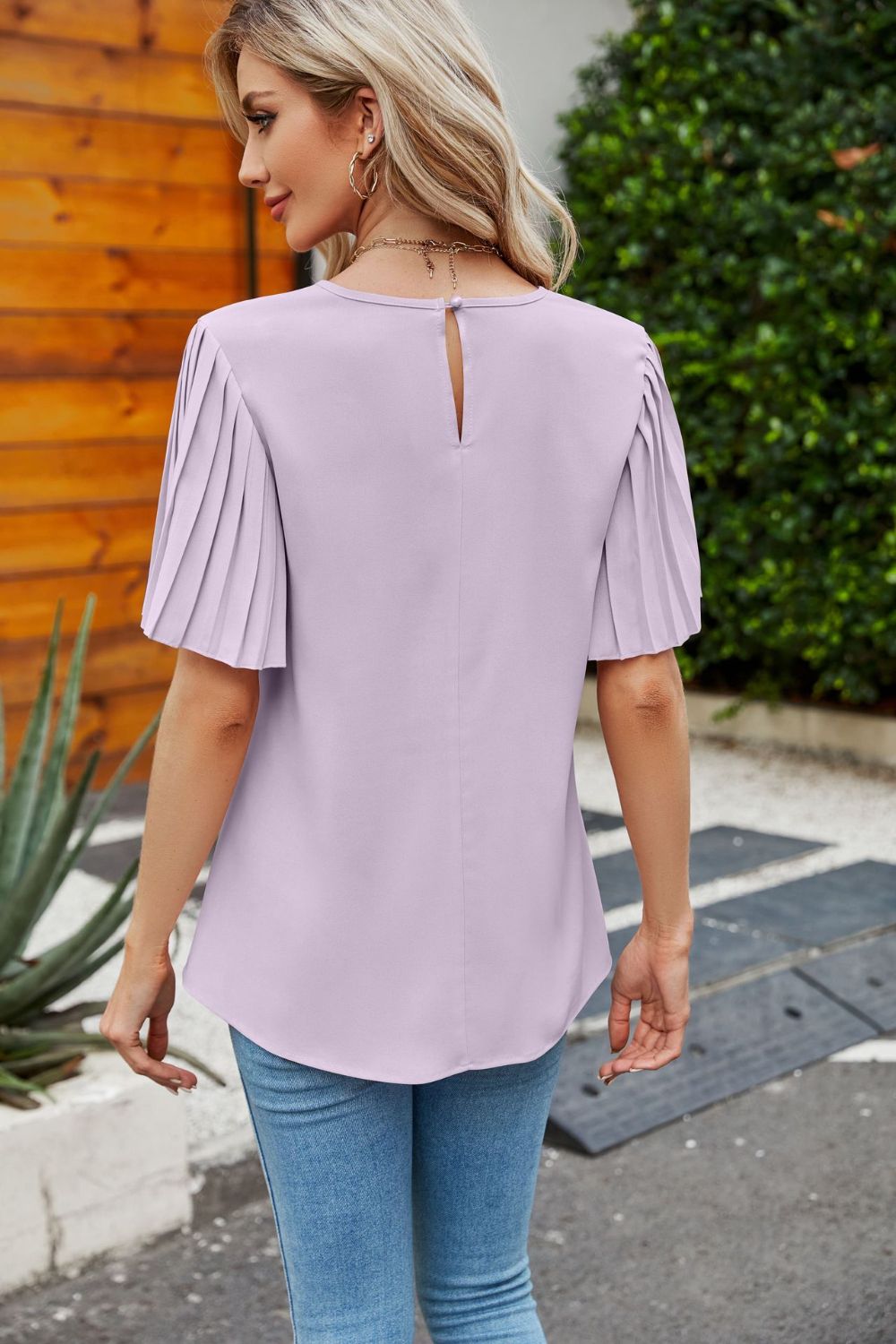 Women's Full Size Pleated Flutter Sleeve Round Neck Blouse