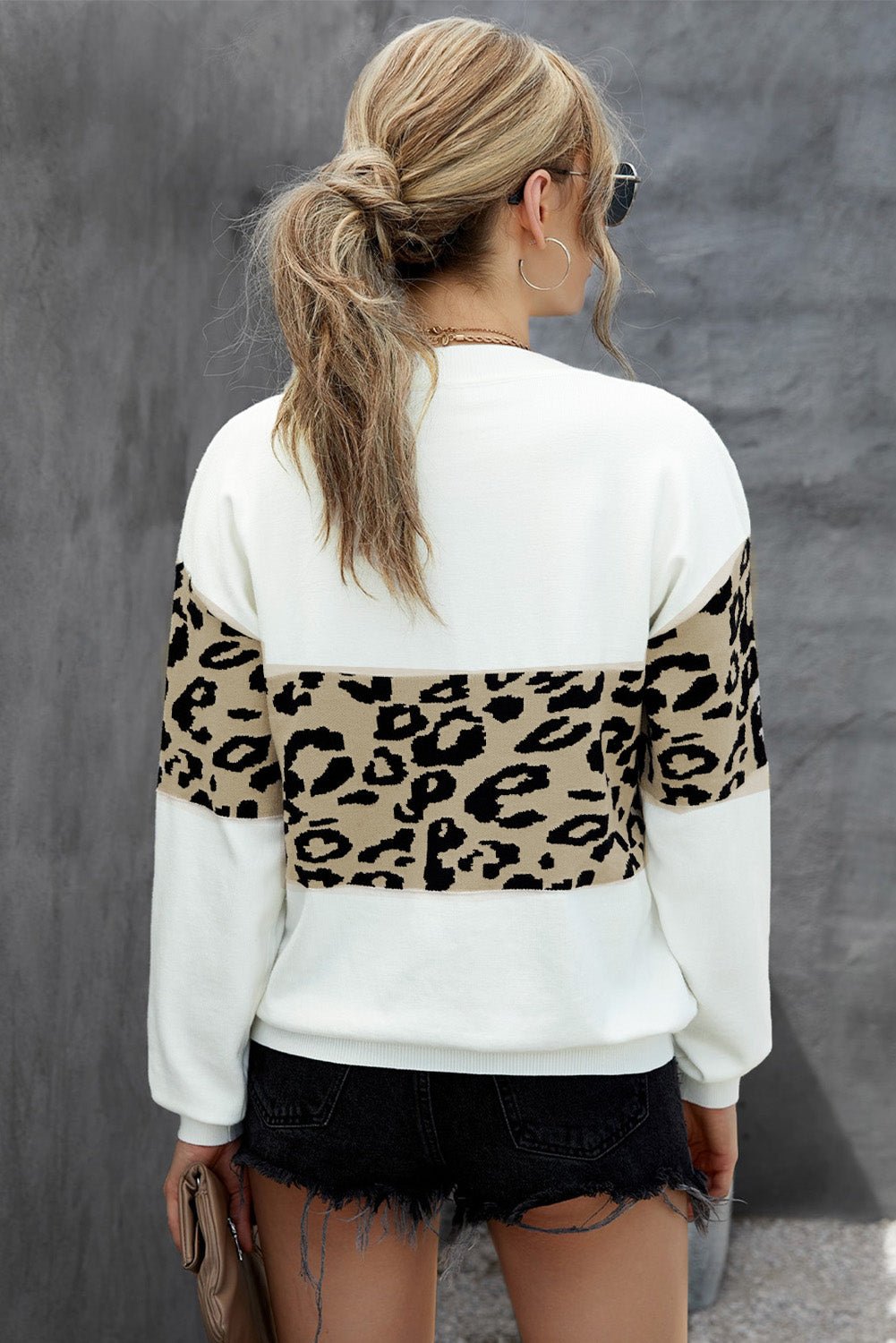 Chicie Leopard Drop Shoulder V-Neck Knit Top