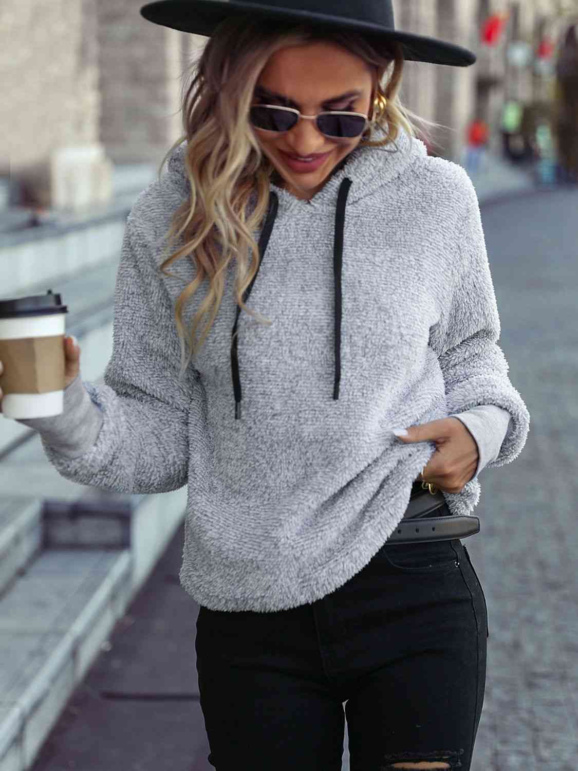 Full Size Light Gray Drawstring Teddy Hoodie