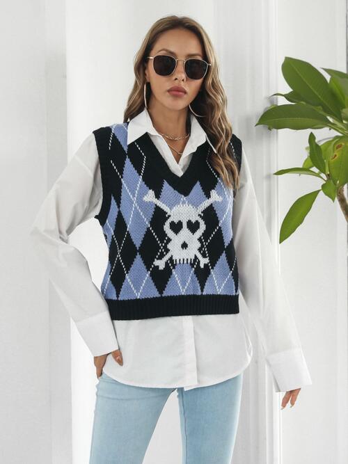 SoGoth Skull Geometric V-Neck Black Sweater Vest