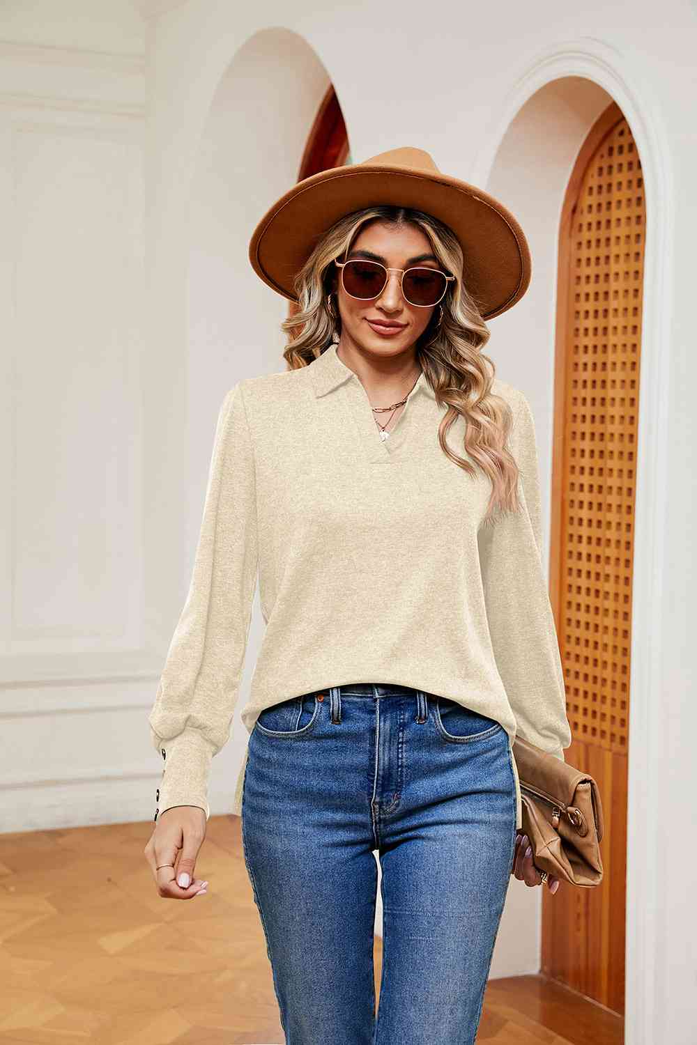 Full Size Johnny Collar Long Sleeve Top