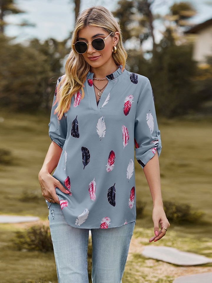 Full Size Printed Roll-Tab Sleeve Notched Neck Blouse