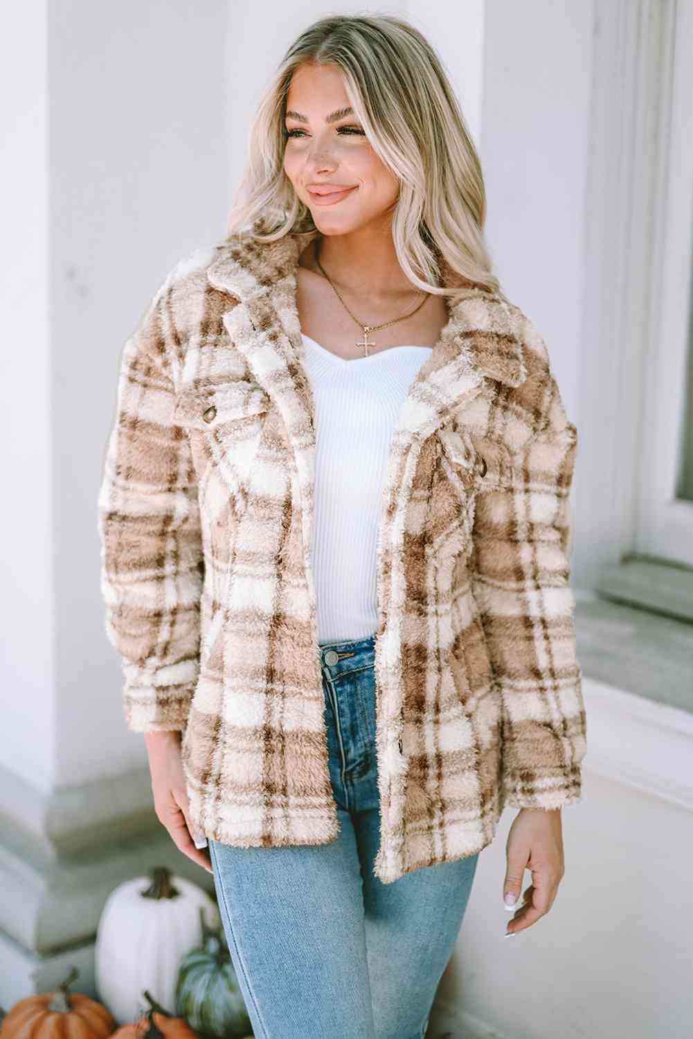 Eliana Tan Plaid Collared Neck Jacket