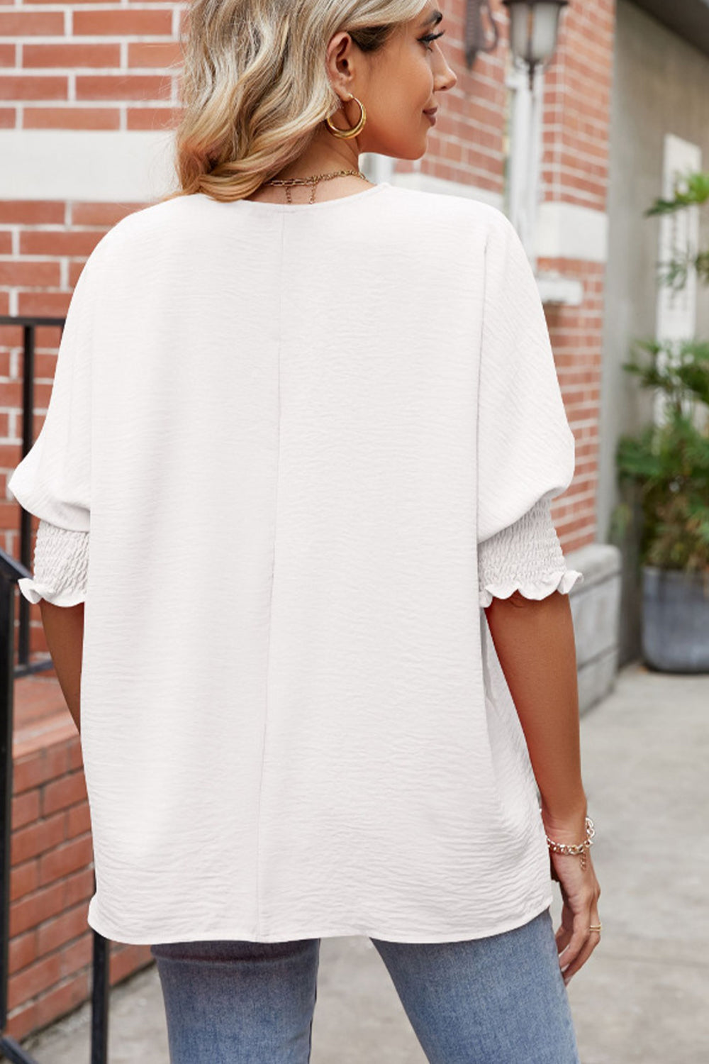 Full Size Round Neck Smocked Lantern Sleeve Blouse