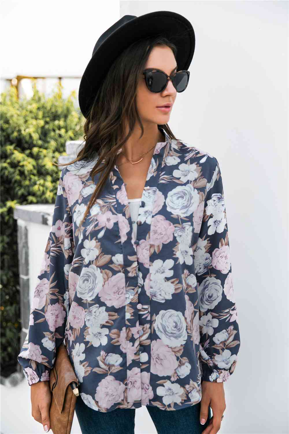 Floral Print Mock Neck Button Front Shirt