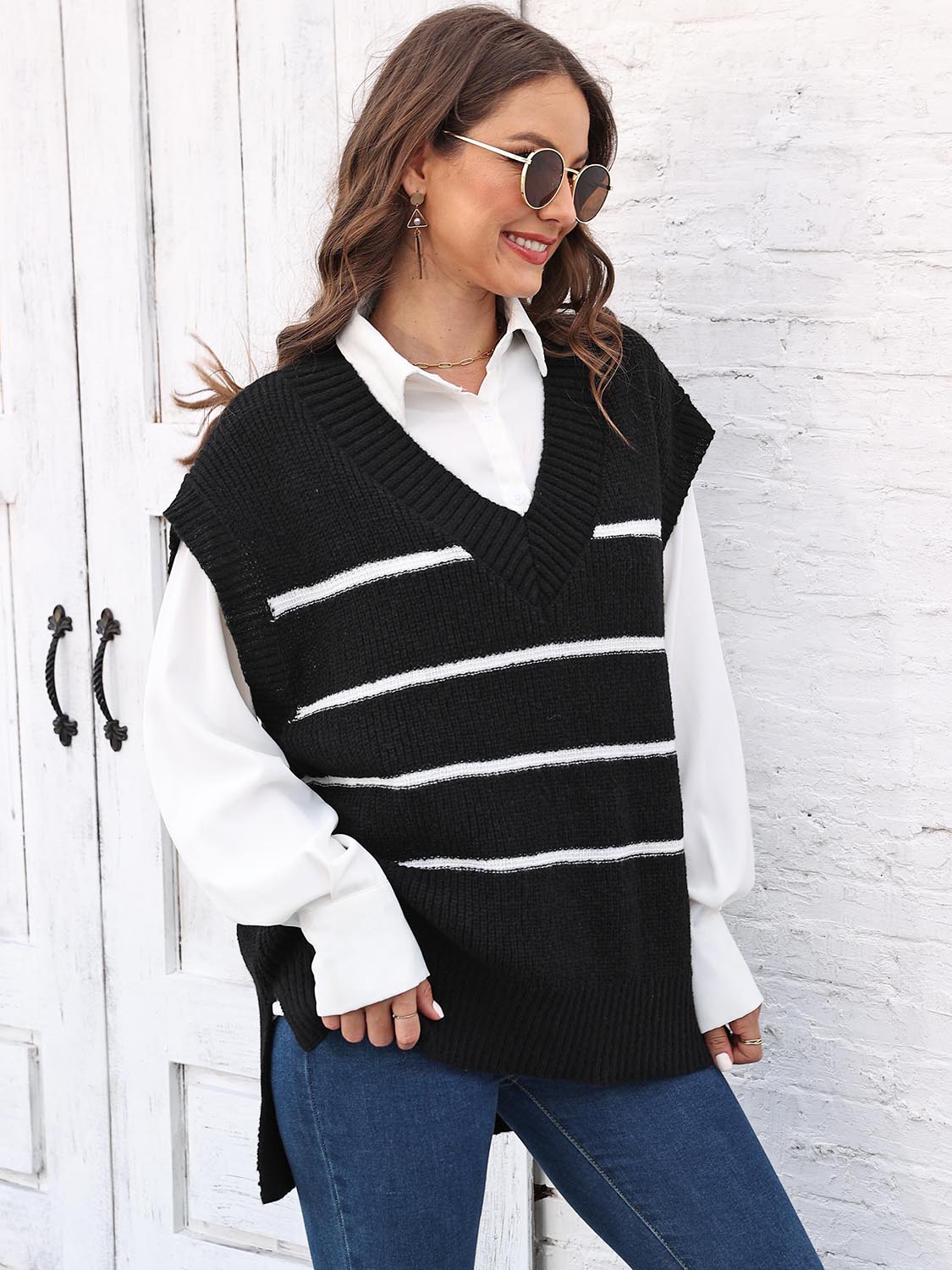 One Size Striped V-Neck Sweater Vest