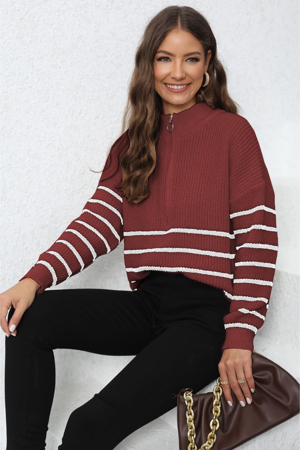 Mock Neck Long Sleeve Zip-Up Sweater