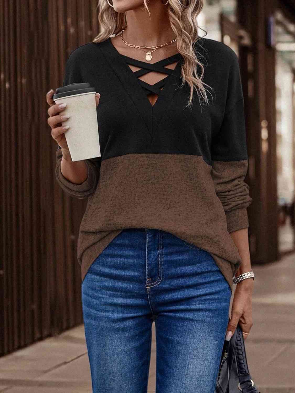 Full Size Two-Tone Crisscross Detail Sweatshirt