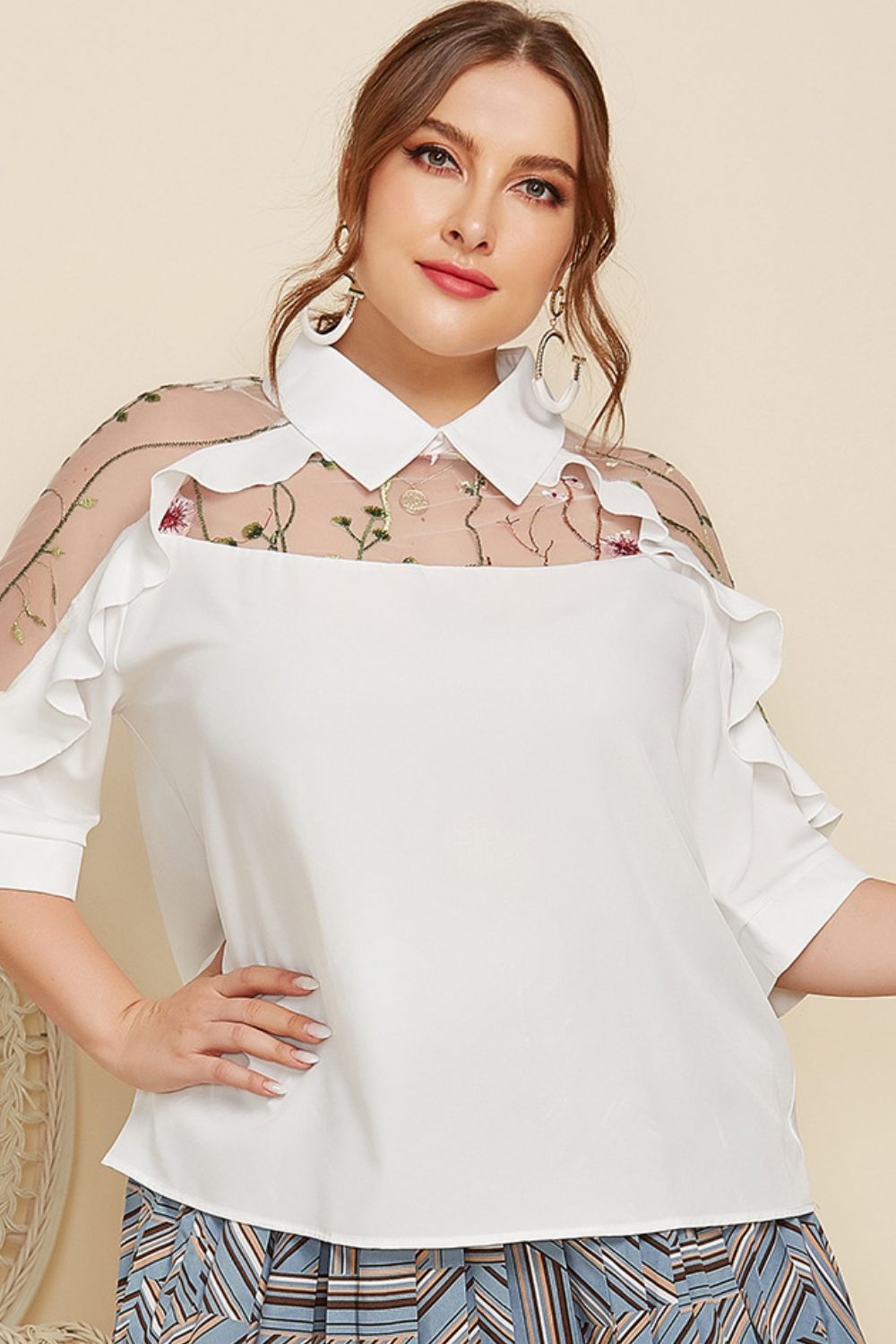 Women's Plus Size Embroidered Ruffle Trim Collared Half Sleeve Blouse