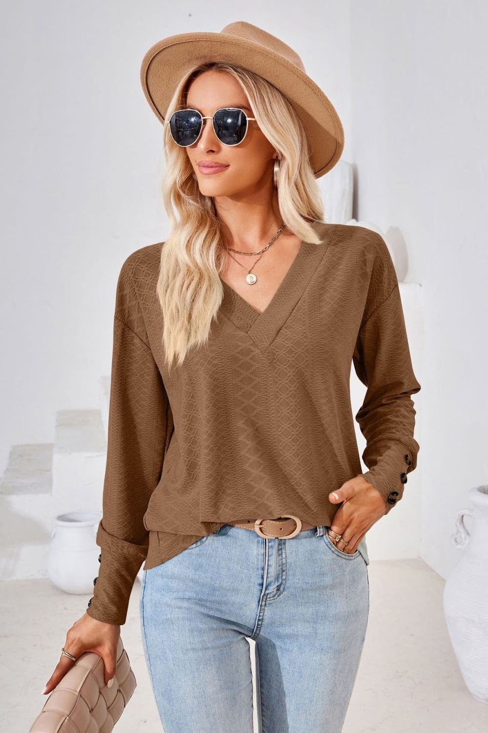 Full Size V-Neck Long Sleeve Blouse