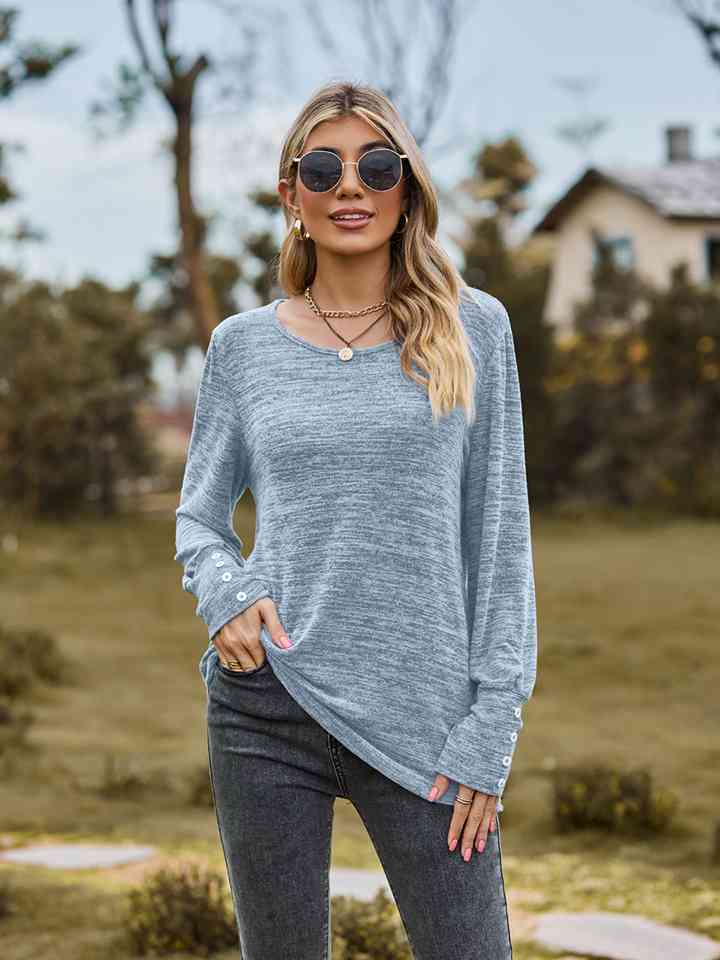 Full Size Round Neck Long Sleeve Buttoned T-Shirt