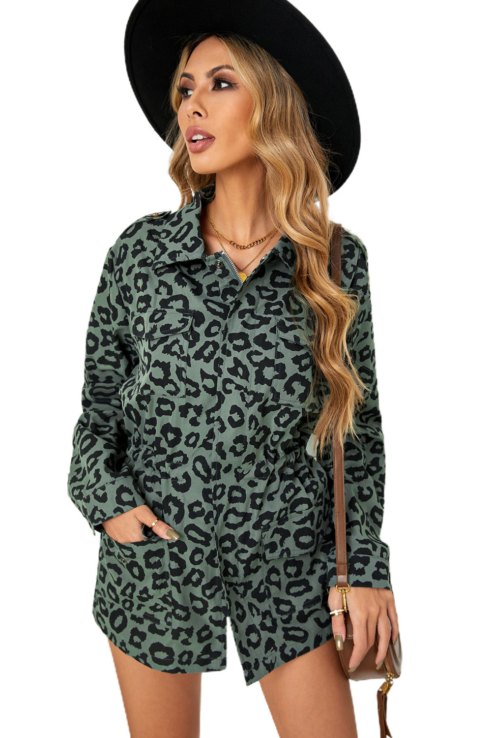 Full Size Leopard Drawstring Waist Jacket with Pockets